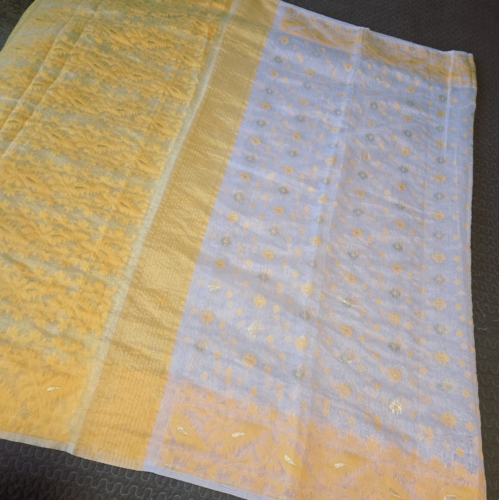 Beautiful New Soft White & SunflowerYellow Pure Handloom Cotton Jamdani Sari